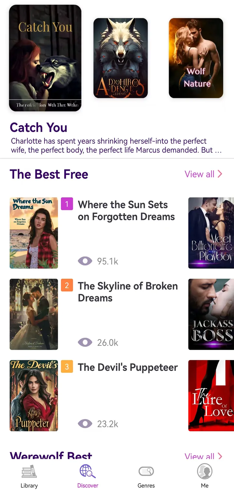 GoodStories app interface showing romance novels